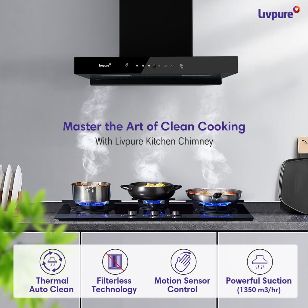 LIVPURE Evora-75 Auto Clean T-Shape 75 cm | 10 Years Motor Warranty| Heat Autoclean| Gesture Control|Filterless| Powerful Suction | Low Noise Wall Mounted Black 1350 CMH Chimney