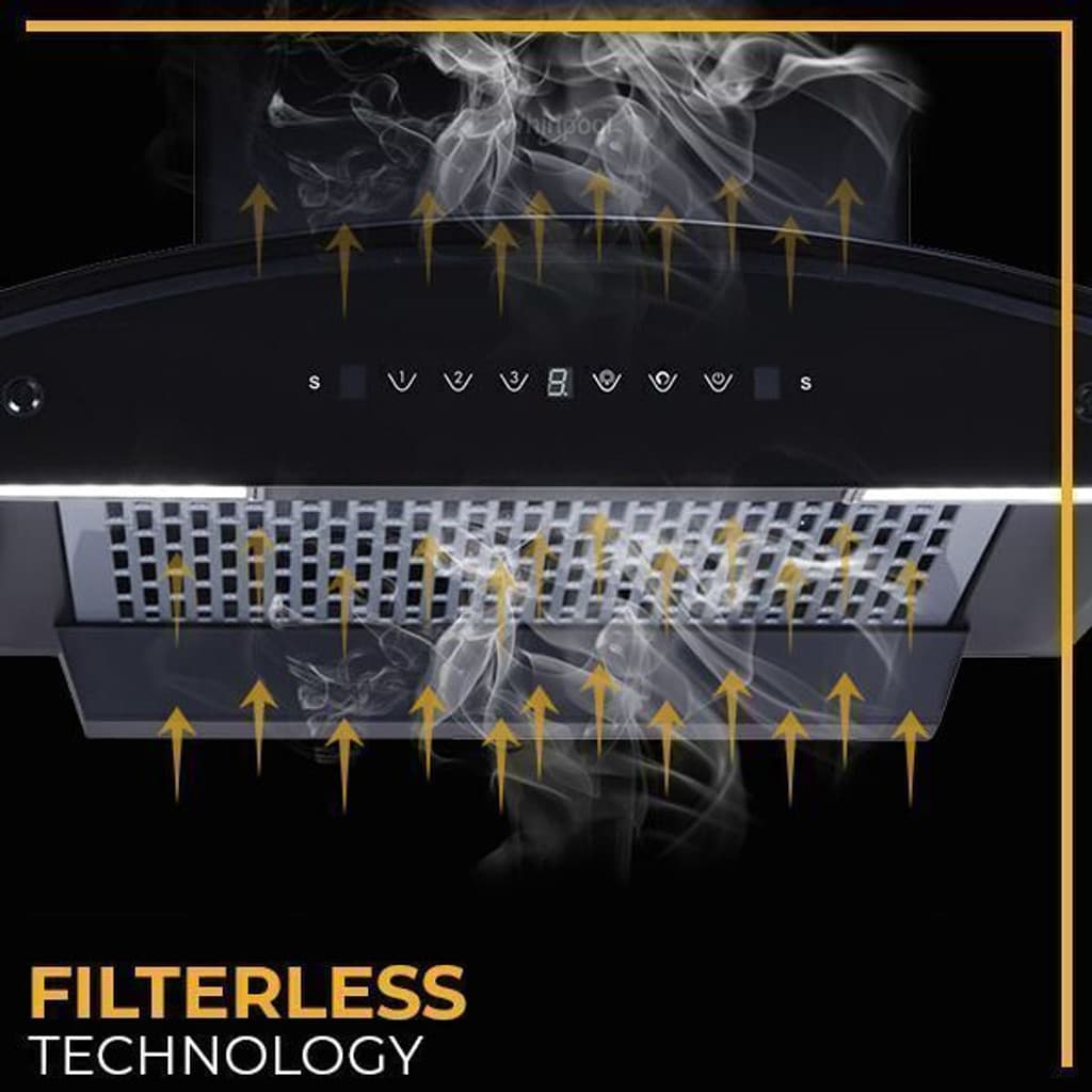 Whirlpool CGFL PRO 904 HAC BK HOOD Auto Clean Curved Glass 90 cm| 11 Years Motor Warranty| Heat Autoclean| Gesture Control| Filterless|Powerful Suction | Low Noise Wall Mounted Black 1600 CMH Chimney