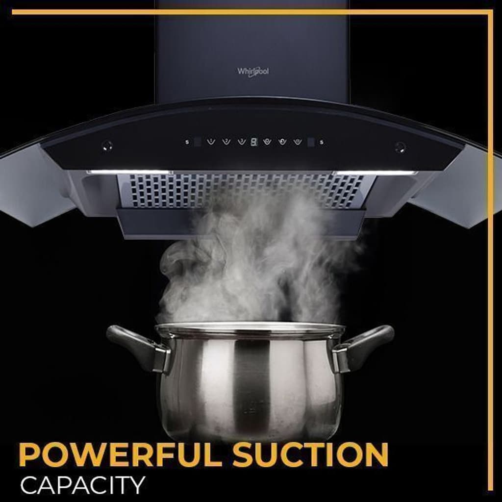 Whirlpool CGFL PRO 904 HAC BK HOOD Auto Clean Curved Glass 90 cm| 11 Years Motor Warranty| Heat Autoclean| Gesture Control| Filterless|Powerful Suction | Low Noise Wall Mounted Black 1600 CMH Chimney