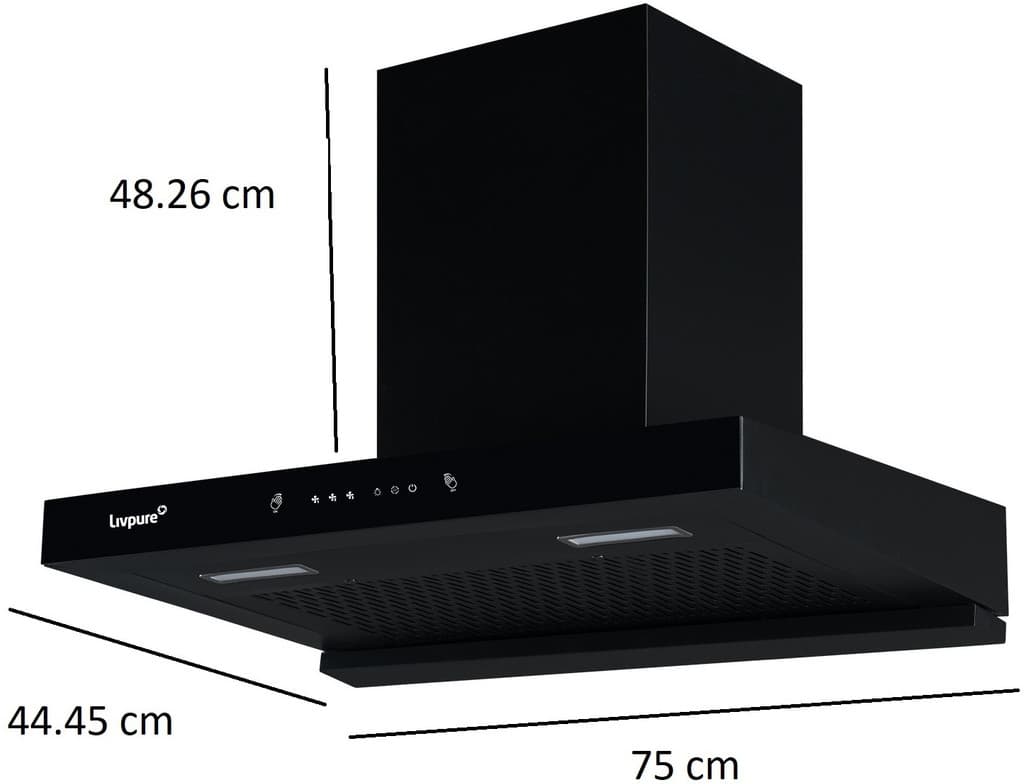 LIVPURE Evora-75 Auto Clean T-Shape 75 cm | 10 Years Motor Warranty| Heat Autoclean| Gesture Control|Filterless| Powerful Suction | Low Noise Wall Mounted Black 1350 CMH Chimney