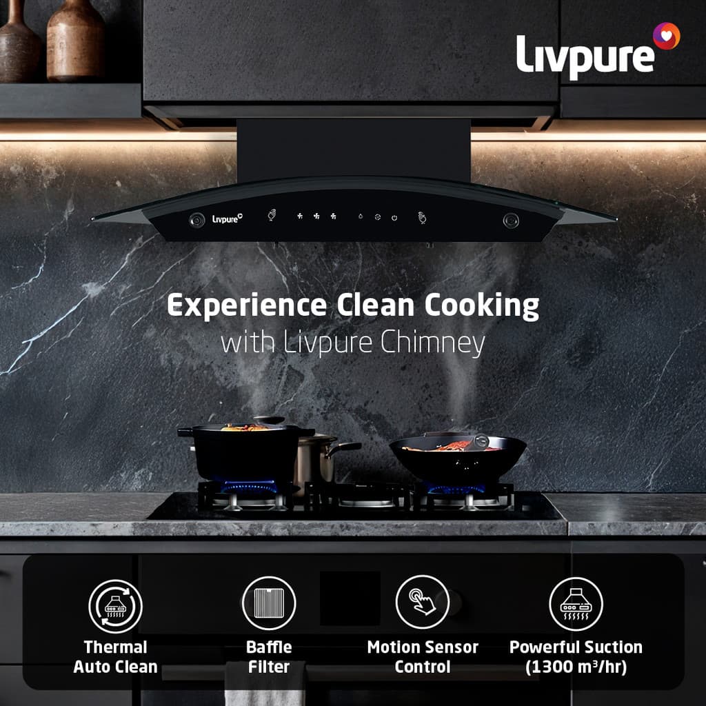 LIVPURE Elega-60 Auto Clean Curved Glass 60 cm| 6 Years Motor Warranty|Heat Autoclean| Gesture Control| Baffle Filter|Powerful Suction | Low Noise Wall Mounted Black 1300 CMH Chimney