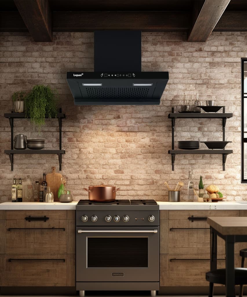 LIVPURE Evora-60 Auto Clean T-Shape 60 cm | 10 Years Motor Warranty| Heat Autoclean| Gesture Control|Filterless| Powerful Suction | Low Noise Wall Mounted Black 1350 CMH Chimney