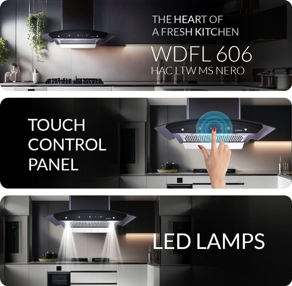 Elica WDFL 606 HAC LTW MS NERO Auto Clean Curved Glass 60 cm| 15 Years Motor Warranty|Heat Autoclean| Gesture Control| Filterless|Powerful Suction | Low Noise Wall Mounted Black 1350 CMH Chimney