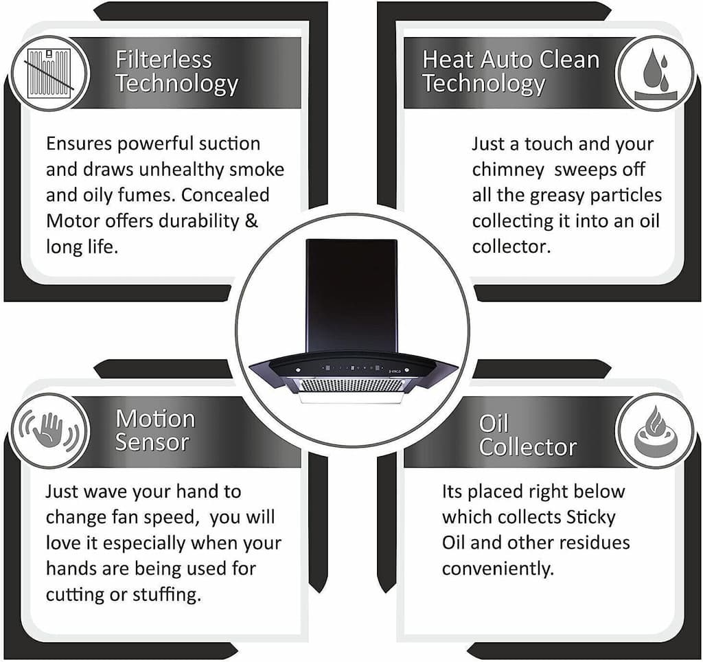 Elica WDFL 606 HAC LTW MS NERO Auto Clean Curved Glass 60 cm| 15 Years Motor Warranty|Heat Autoclean| Gesture Control| Filterless|Powerful Suction | Low Noise Wall Mounted Black 1350 CMH Chimney