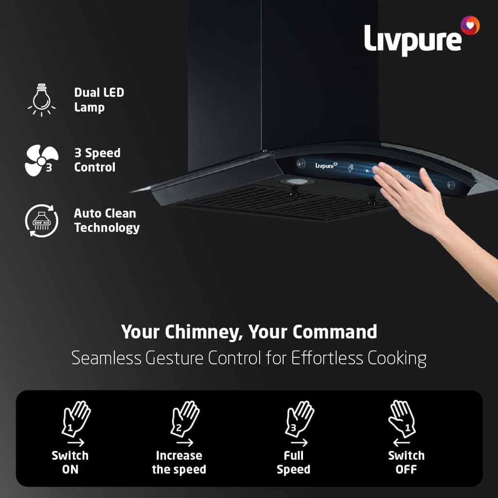 LIVPURE Elega-60 Auto Clean Curved Glass 60 cm| 6 Years Motor Warranty|Heat Autoclean| Gesture Control| Baffle Filter|Powerful Suction | Low Noise Wall Mounted Black 1300 CMH Chimney