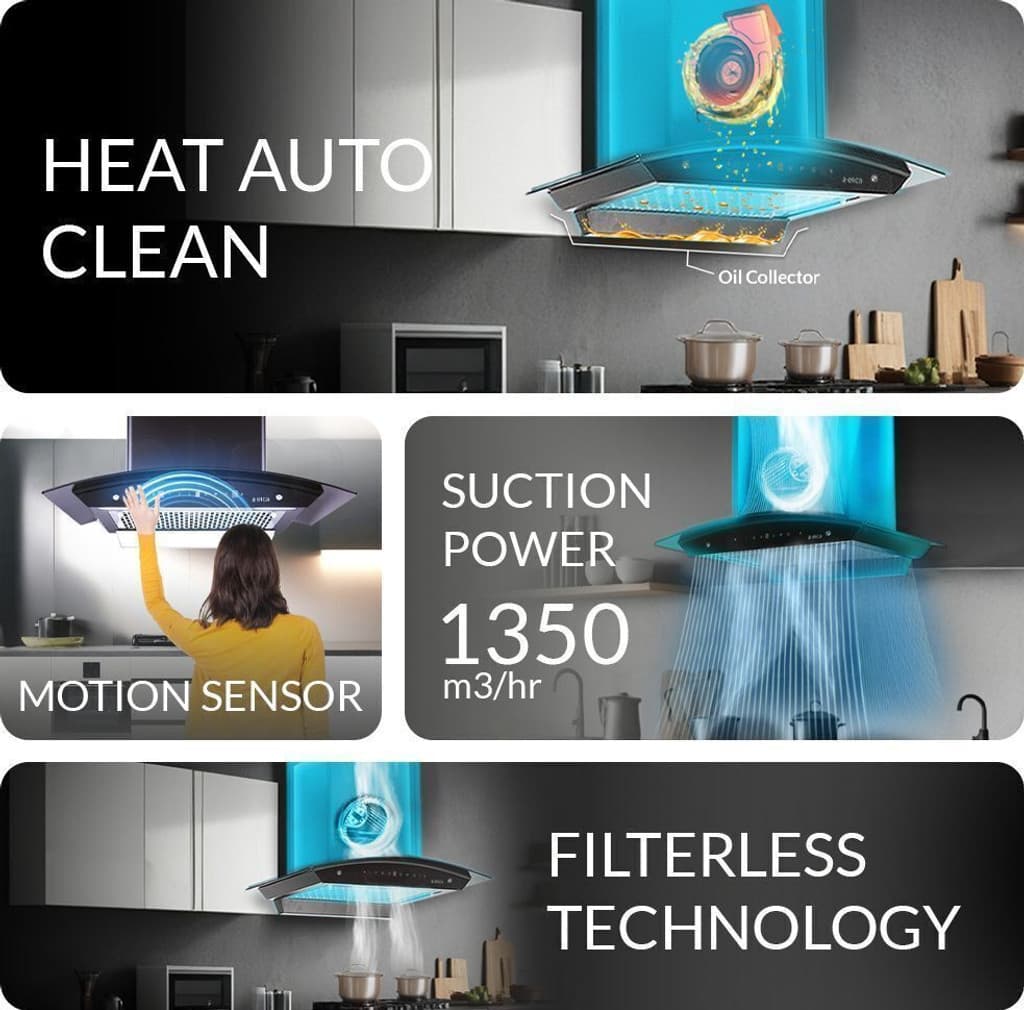 Elica WDFL 606 HAC LTW MS NERO Auto Clean Curved Glass 60 cm| 15 Years Motor Warranty|Heat Autoclean| Gesture Control| Filterless|Powerful Suction | Low Noise Wall Mounted Black 1350 CMH Chimney