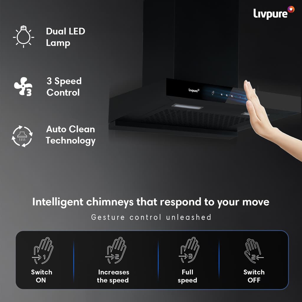 LIVPURE Evora-75 Auto Clean T-Shape 75 cm | 10 Years Motor Warranty| Heat Autoclean| Gesture Control|Filterless| Powerful Suction | Low Noise Wall Mounted Black 1350 CMH Chimney
