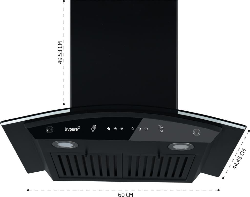 LIVPURE Elega-60 Auto Clean Curved Glass 60 cm| 6 Years Motor Warranty|Heat Autoclean| Gesture Control| Baffle Filter|Powerful Suction | Low Noise Wall Mounted Black 1300 CMH Chimney