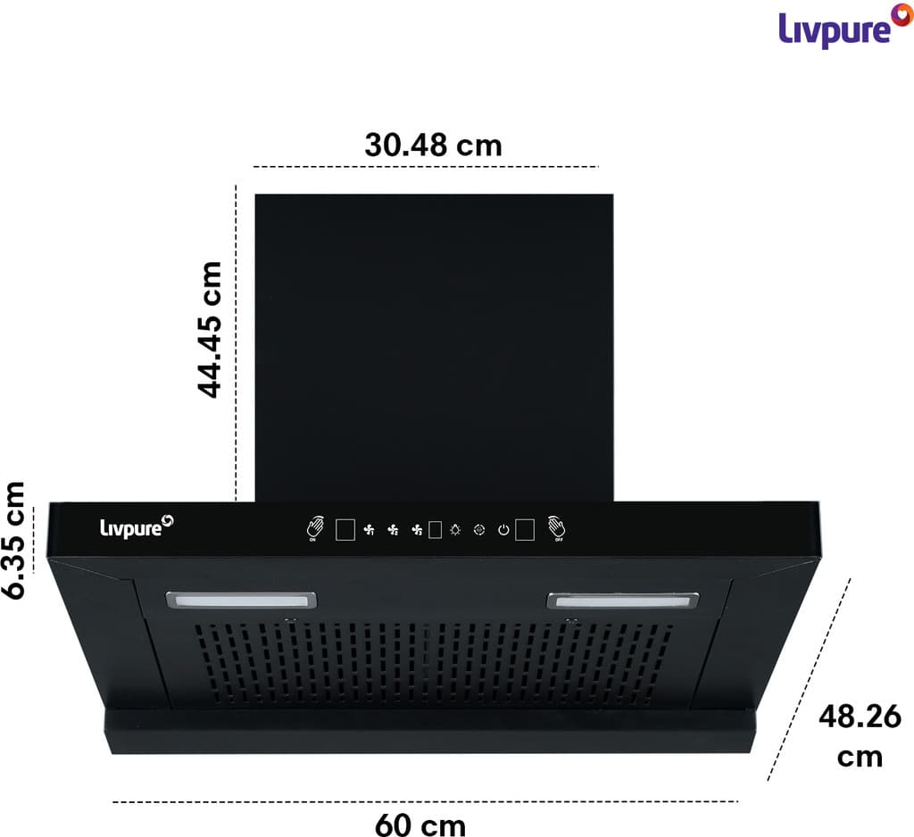 LIVPURE Evora-60 Auto Clean T-Shape 60 cm | 10 Years Motor Warranty| Heat Autoclean| Gesture Control|Filterless| Powerful Suction | Low Noise Wall Mounted Black 1350 CMH Chimney