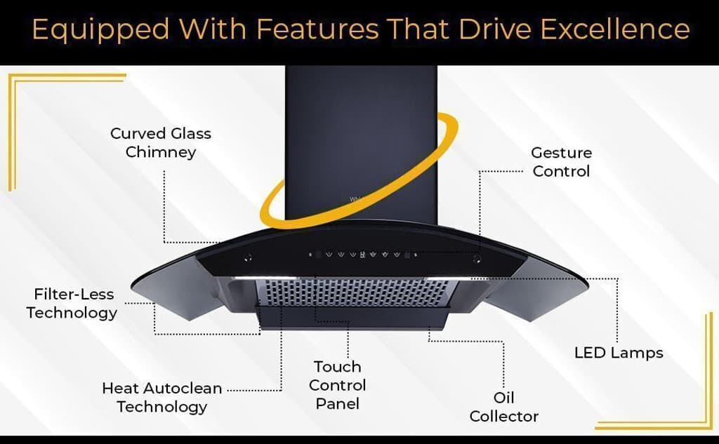 Whirlpool CGFL PRO 904 HAC BK HOOD Auto Clean Curved Glass 90 cm| 11 Years Motor Warranty| Heat Autoclean| Gesture Control| Filterless|Powerful Suction | Low Noise Wall Mounted Black 1600 CMH Chimney