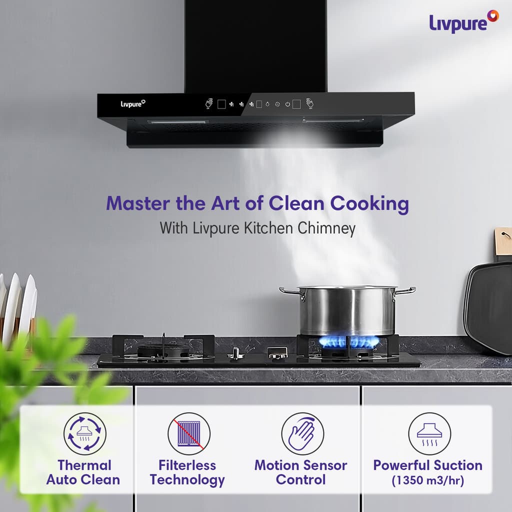LIVPURE Evora-60 Auto Clean T-Shape 60 cm | 10 Years Motor Warranty| Heat Autoclean| Gesture Control|Filterless| Powerful Suction | Low Noise Wall Mounted Black 1350 CMH Chimney