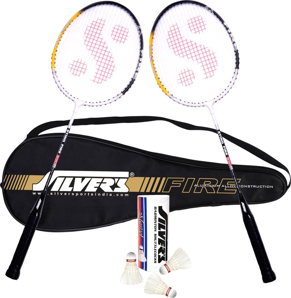 Silver's FIRE Badminton Combo- 2 Rackets with Feather Shuttle Pack of 3 Badminton Kit
