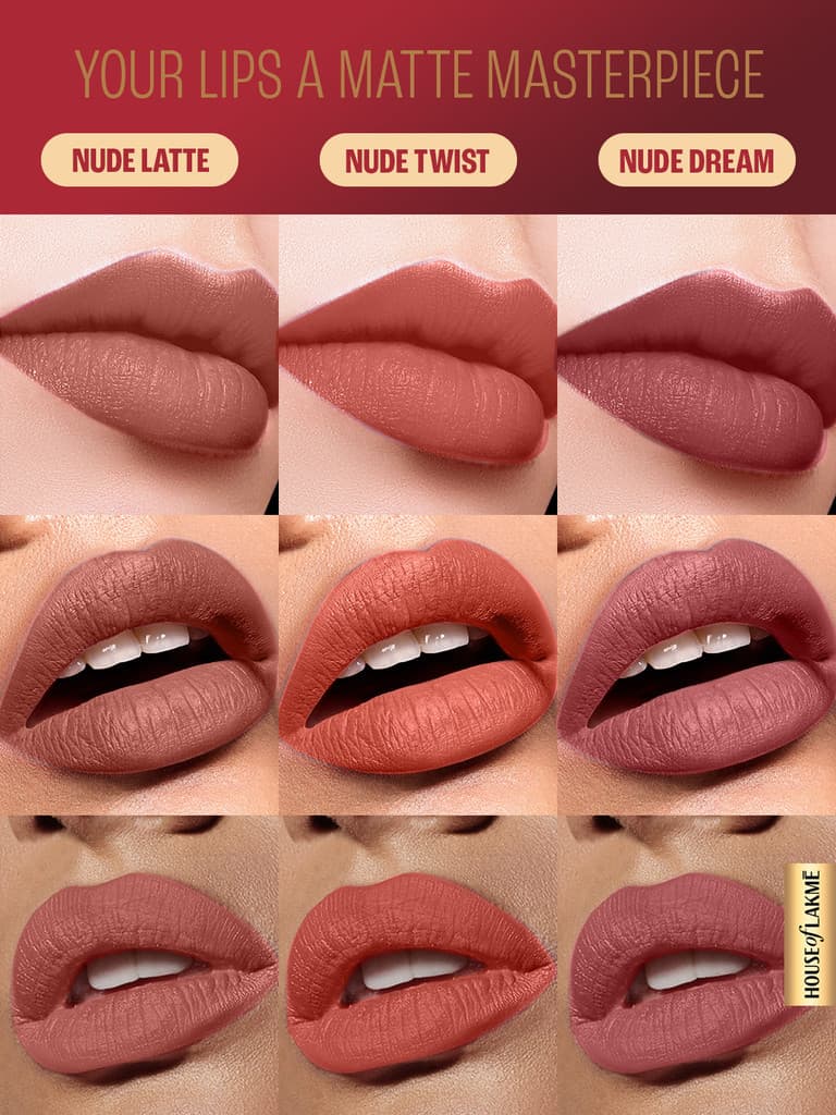 Lakmé Liquid Lipstick Trio- Nude Moods, Forever Matte, Light-weight, Pack of 3