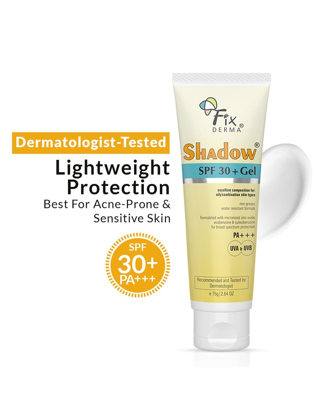 FIXDERMA Shadow Sunscreen SPF 30+ Gel For Oily Skin with PA+++ Protection - 75g