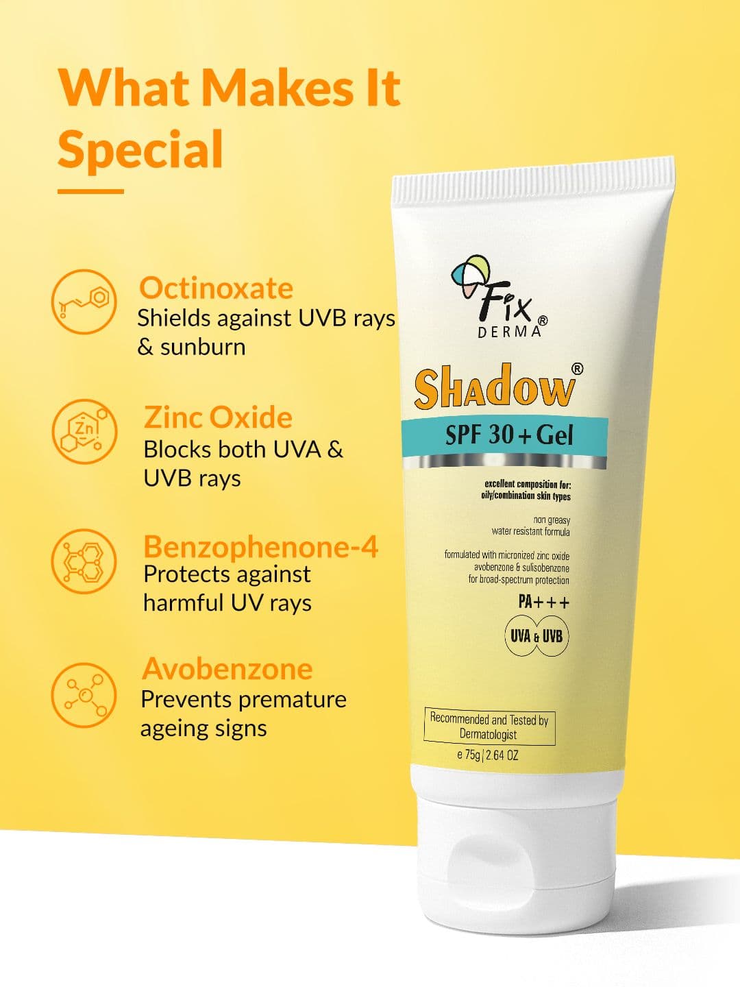 FIXDERMA Shadow Sunscreen SPF 30+ Gel For Oily Skin with PA+++ Protection - 75g