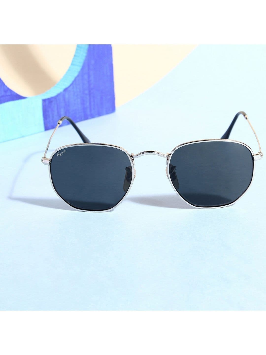 RESIST EYEWEAR Unisex Black Lens & Silver-Toned Rectangle Sunglasses with UV Protected Lens