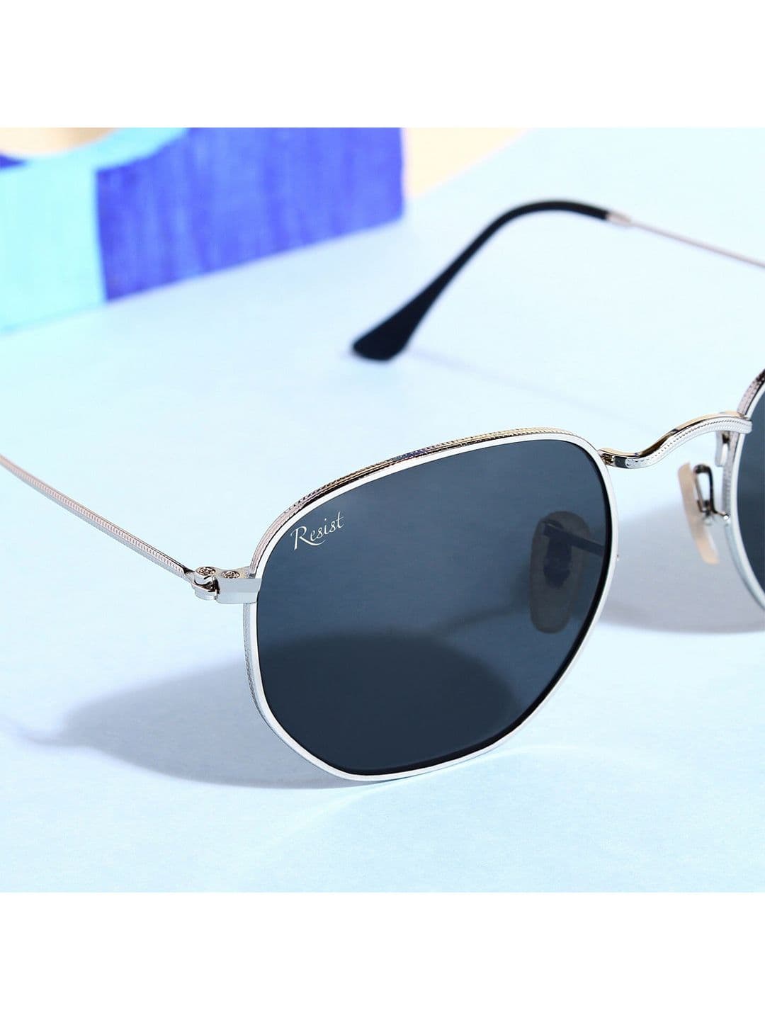 RESIST EYEWEAR Unisex Black Lens & Silver-Toned Rectangle Sunglasses with UV Protected Lens