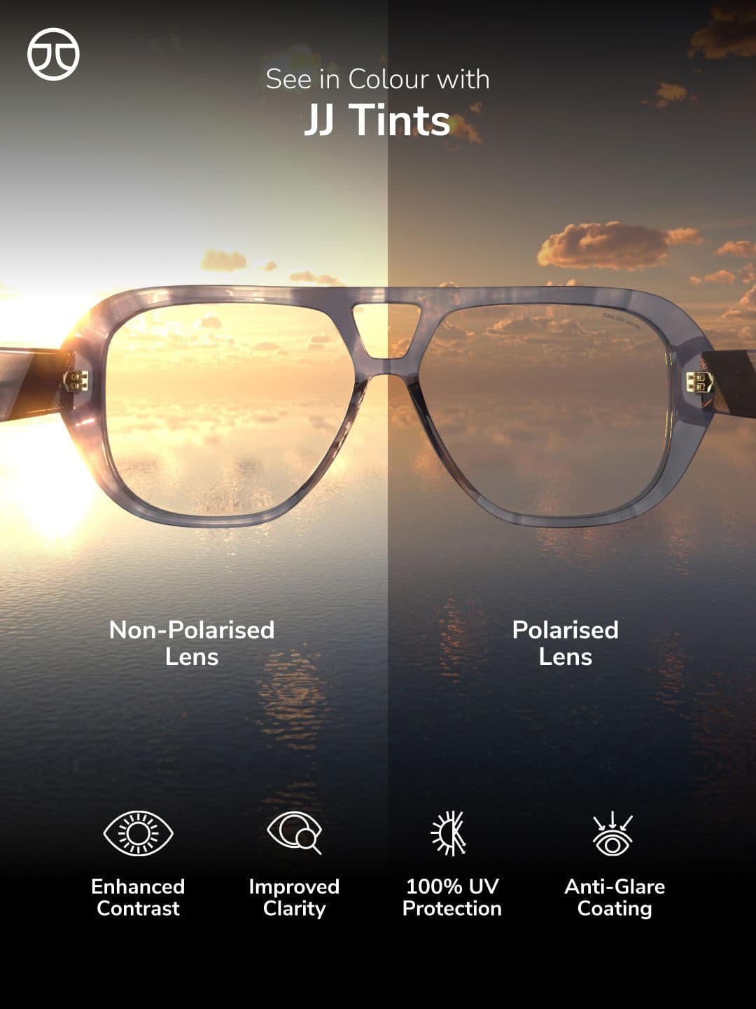 John Jacobs Unisex Grey Lens & Black Square Sunglasses with UV Protected Lens