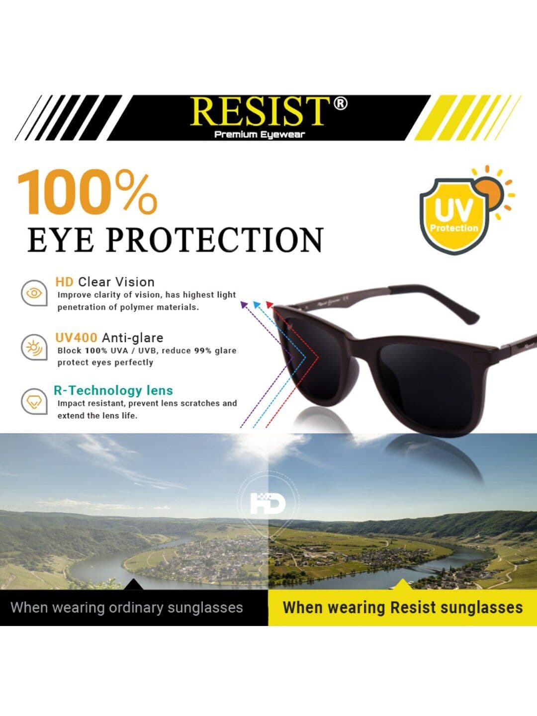 RESIST EYEWEAR UNISEX Black UV Protected Wayfarer Sunglasses