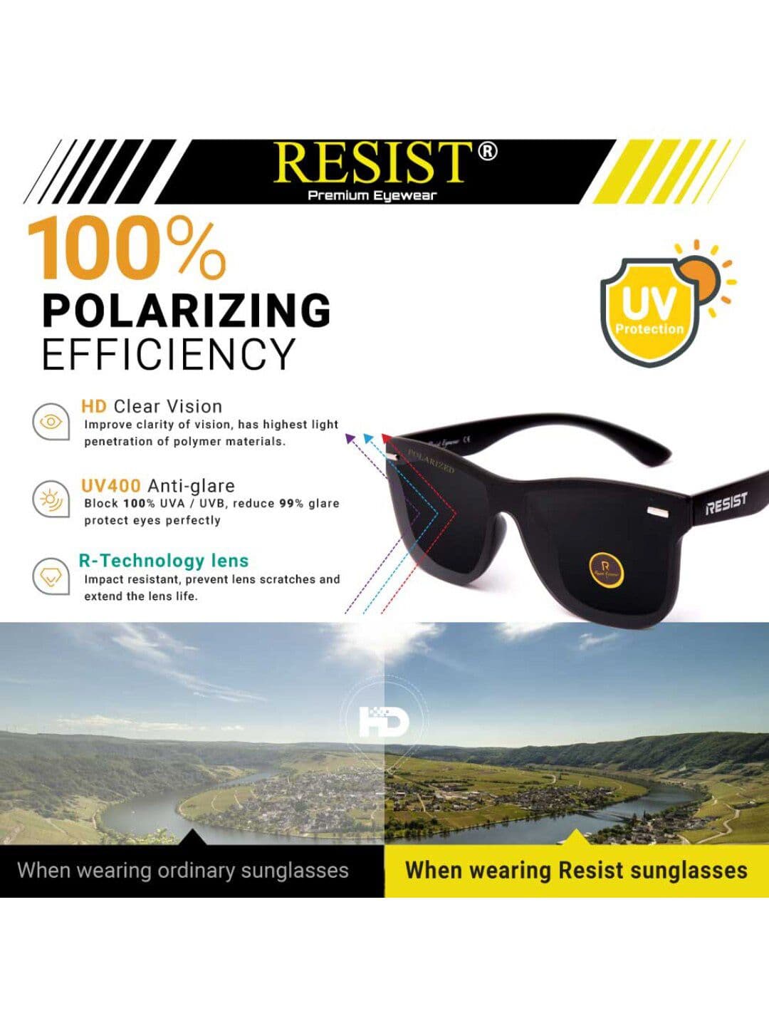 RESIST EYEWEAR Unisex Black Lens & Black Wayfarer Sunglasses with Polarised and UV Protected Lens