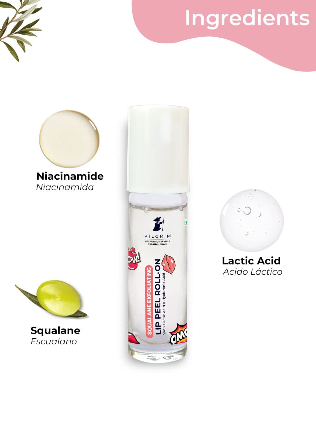 Pilgrim Exfoliating Lip Peel Roll On With Lactic & Hyaluronic Acid for Smooth Lips - 6 ml