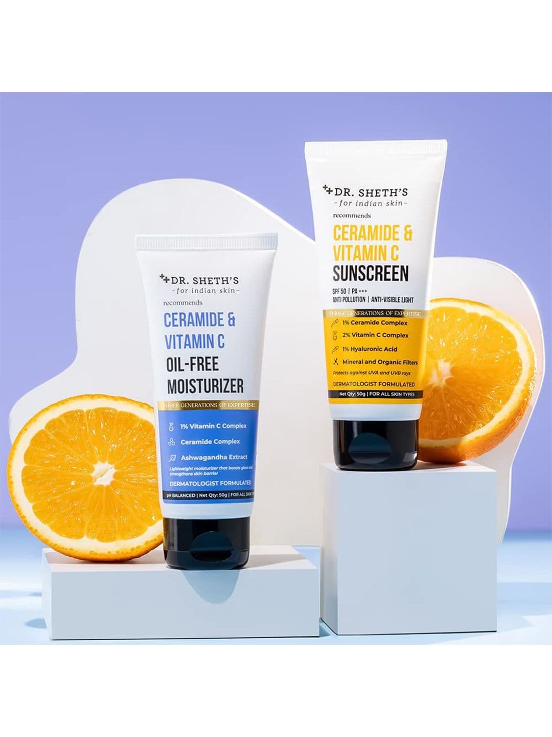 DR. SHETHS Glow & Protect Ceramide & Vitamin C Sunscreen & Oil-Free Moisturizer-50g Each