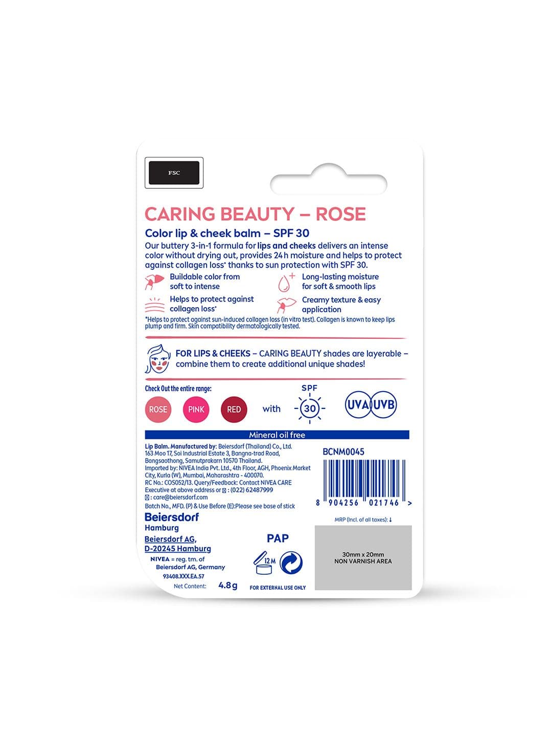 Nivea Caring Beauty SPF 30 Lip & Cheek Tint Balm with Shea Butter & Almond Oil - Rose
