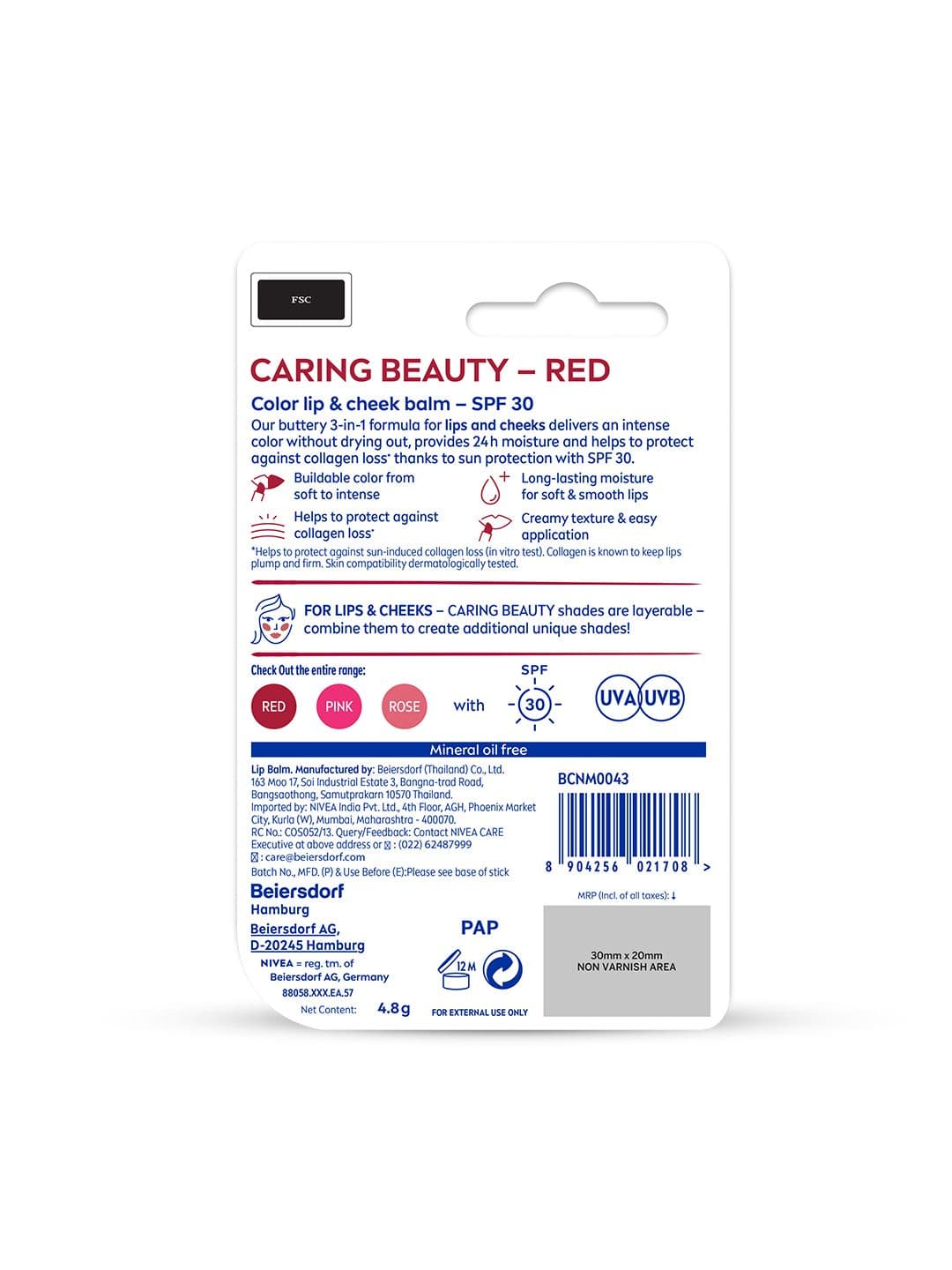Nivea Caring Beauty SPF 30 Lip & Cheek Tint Balm with Shea Butter & Almond Oil - Red