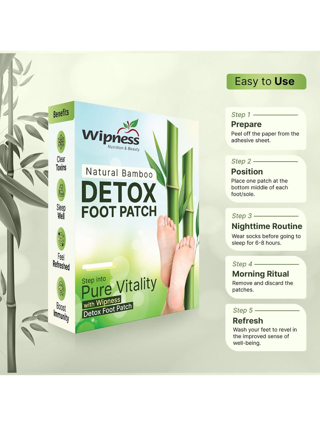Wipness Natural Bamboo Detox Foot Patches - 10 Pcs