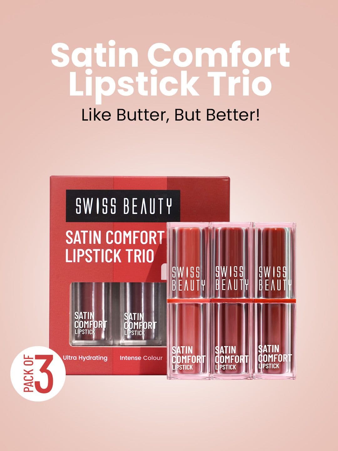 SWISS BEAUTY Satin Comfort Highly Pigmented 3-in-1 Lipstick Trio - Pink & Mauve