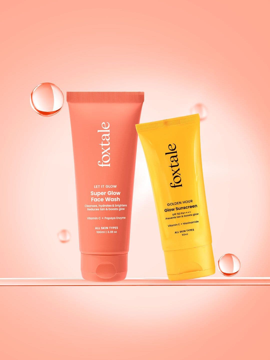 FoxTale Set Of 2 Super Glow Face Wash - 100 ml & Golden Hour Glow Sunscreen -50 ml