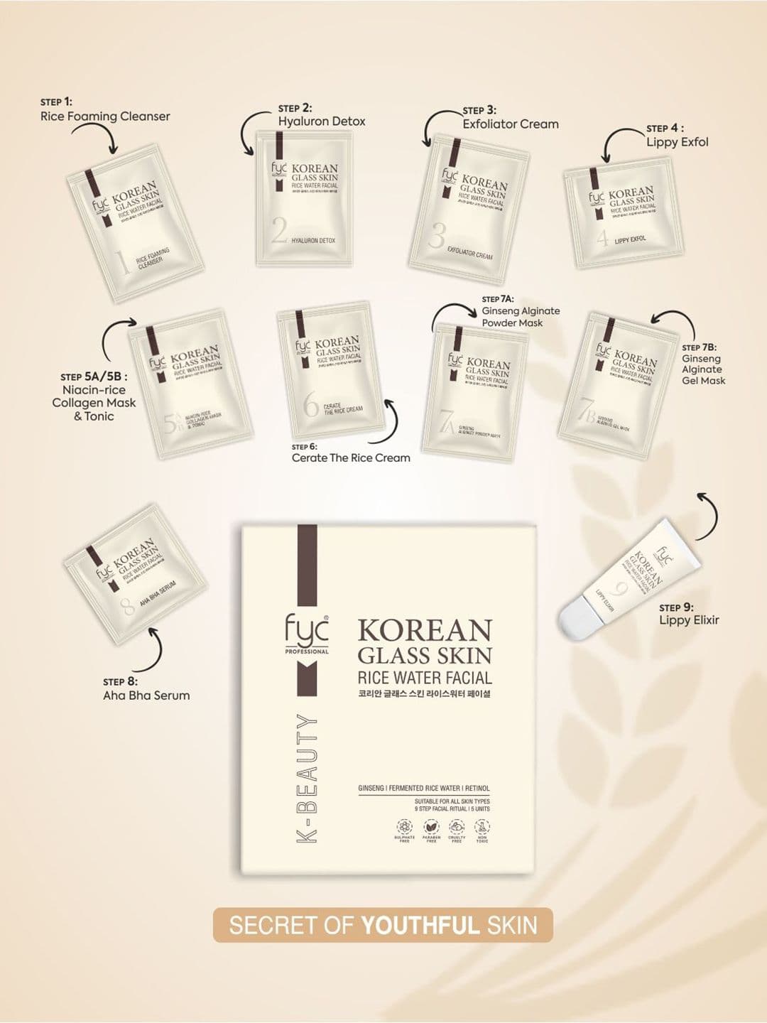 FYC Professional 9 Steps Korean Glass Skin Rice Water Facial Kit - 183 g