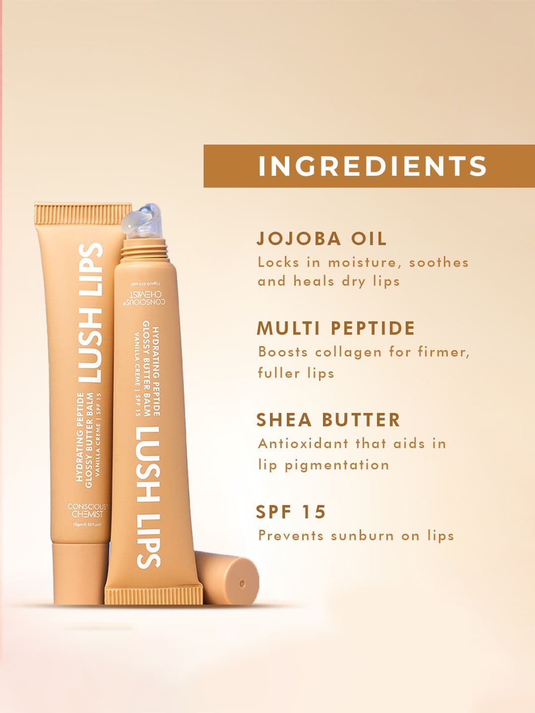 Conscious Chemist Multi Peptide & Shea Butter Infused Lip Balm With SPF 15 - Vanilla Creme