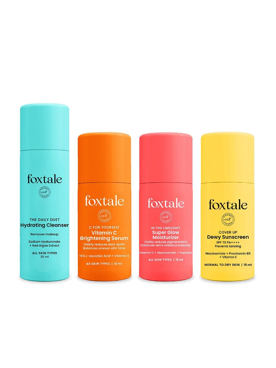 FoxTale Set Of 4 Hydrating Cleanser, Vitamin C Serum, Super Glow Moisturizer & Sunscreen