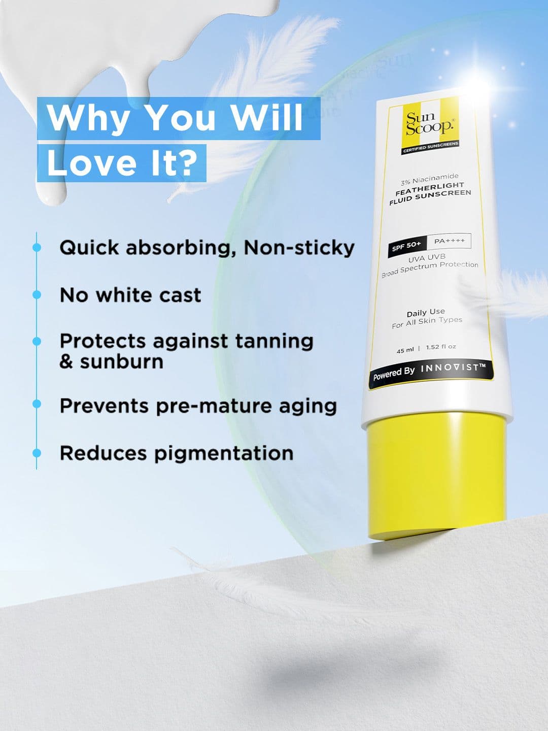 SunScoop 3% Niacinamide Fluid Sunscreen SPF 50+ PA++++ Lightweight In-Vivo Tested - 45ml