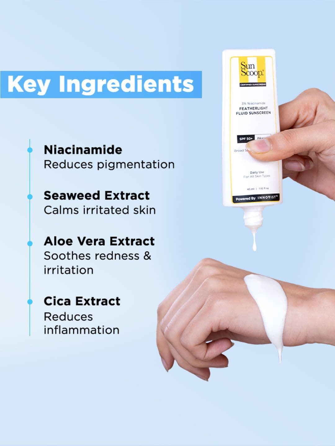 SunScoop 3% Niacinamide Fluid Sunscreen SPF 50+ PA++++ Lightweight In-Vivo Tested - 45ml