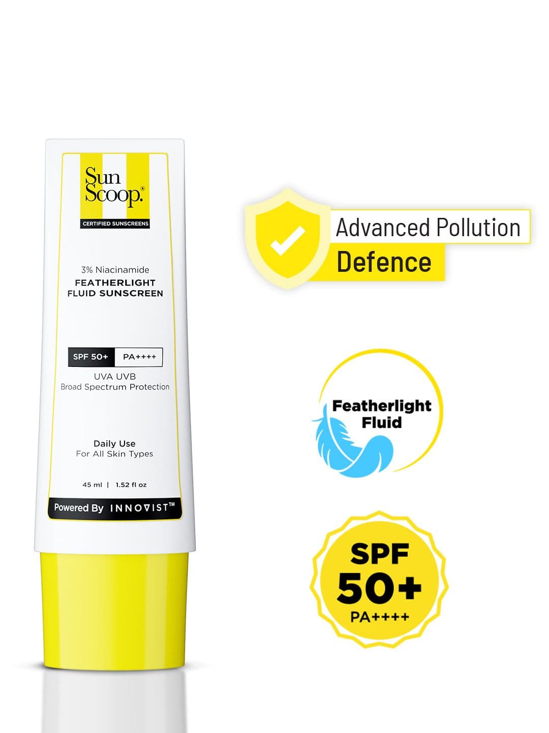SunScoop 3% Niacinamide Fluid Sunscreen SPF 50+ PA++++ Lightweight In-Vivo Tested - 45ml