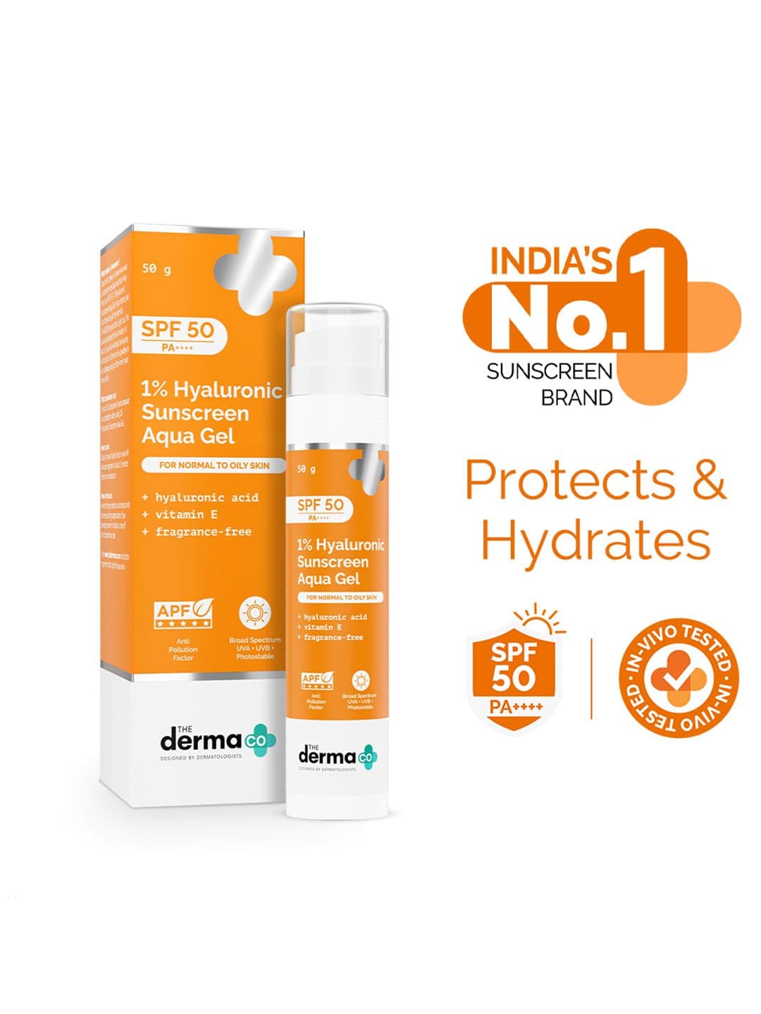 The Derma co. 1% Hyaluronic Sunscreen Aqua Ultra Light Gel UVA & B Prot 50g In-Vivo tested