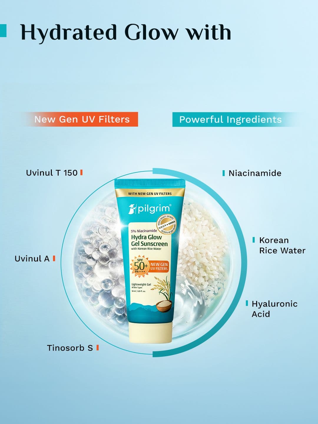 Pilgrim 5% Niacinamide Hydra Glow Gel Sunscreen SPF 50+ PA++++ - 50 ml