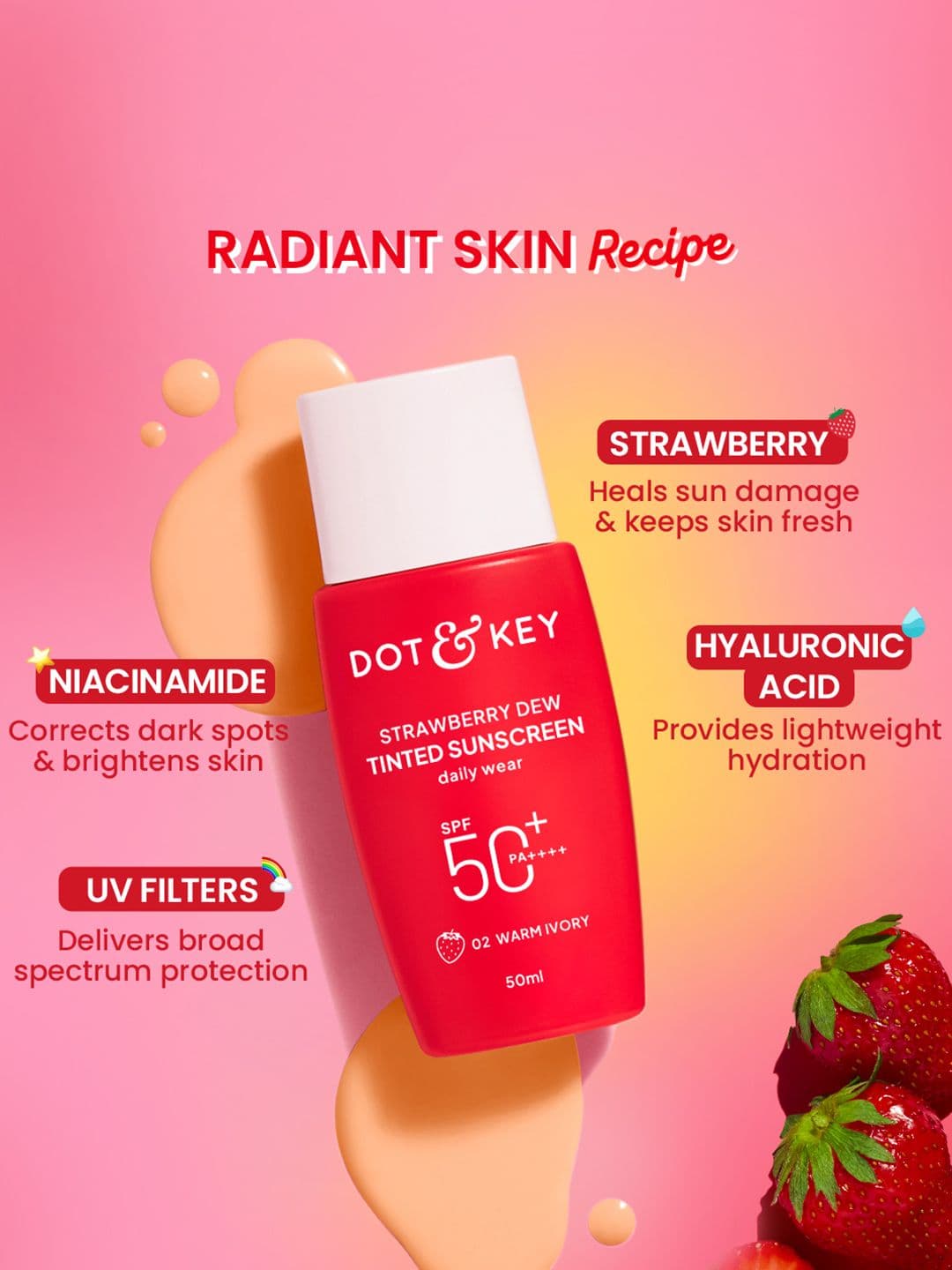 DOT & KEY Strawberry Dew Tinted Sunscreen In-Vivo Tested SPF 50+ PA++++ 50ml Warm Ivory 02