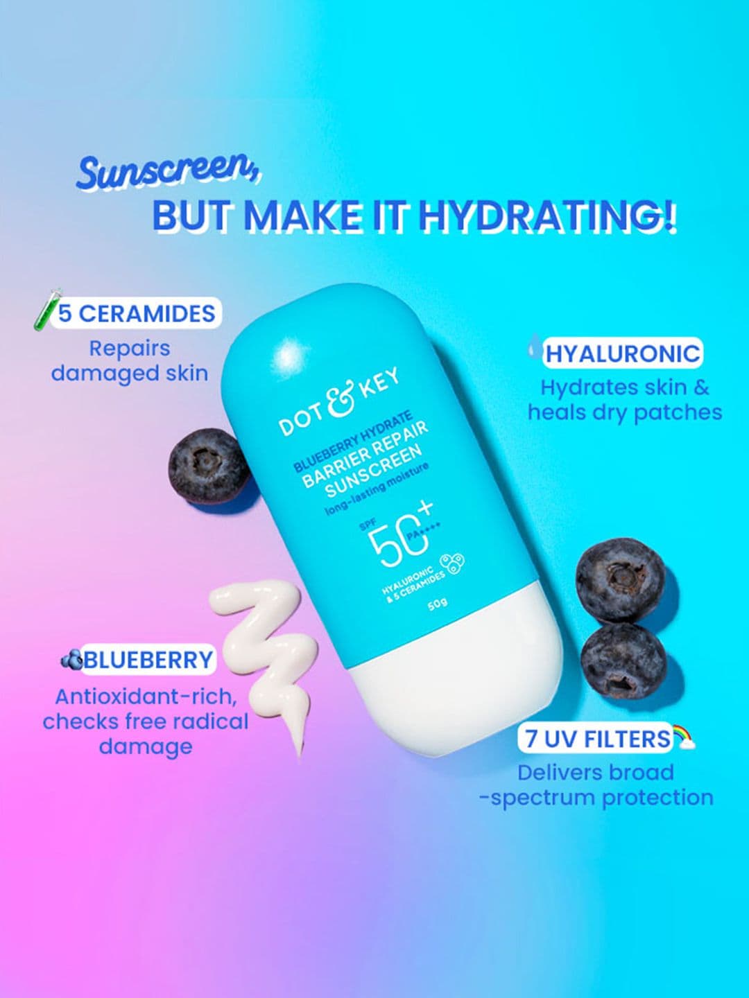 DOT & KEY Blueberry Hydrate Barrier Repair Sunscreen In-Vivo Tested SPF 50+ PA++++ - 30g