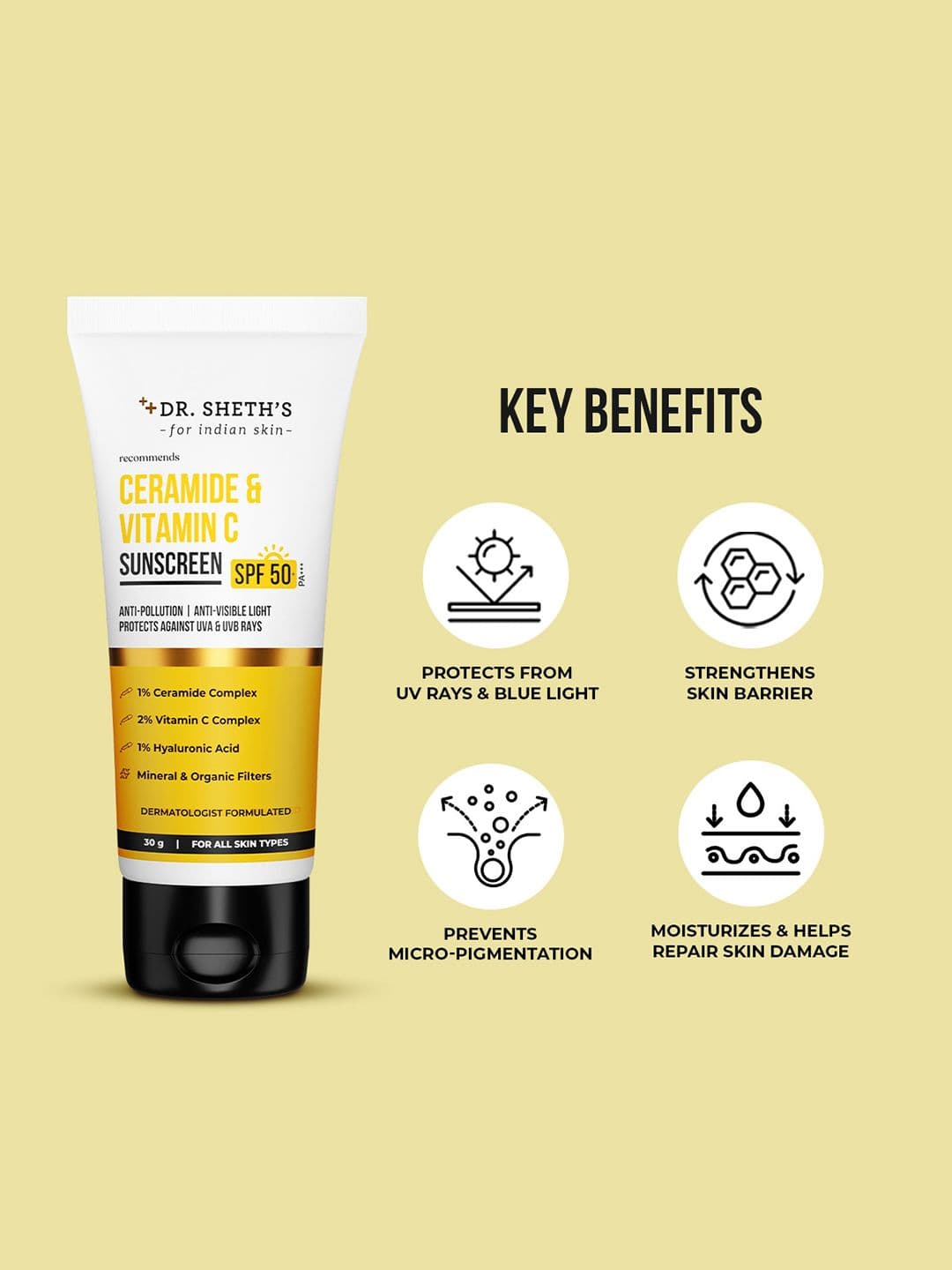 DR. SHETHS Ceramide & Vitamin C Sunscreen SPF 50+ PA+++ In-Vivo Tested- 30g
