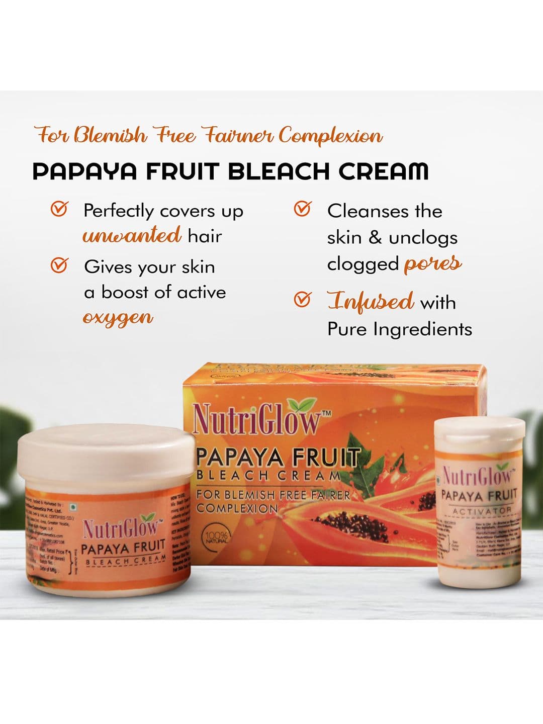 NutriGlow Papaya Fruit Facial Kit -260gm & Bleach Cream- 43gm