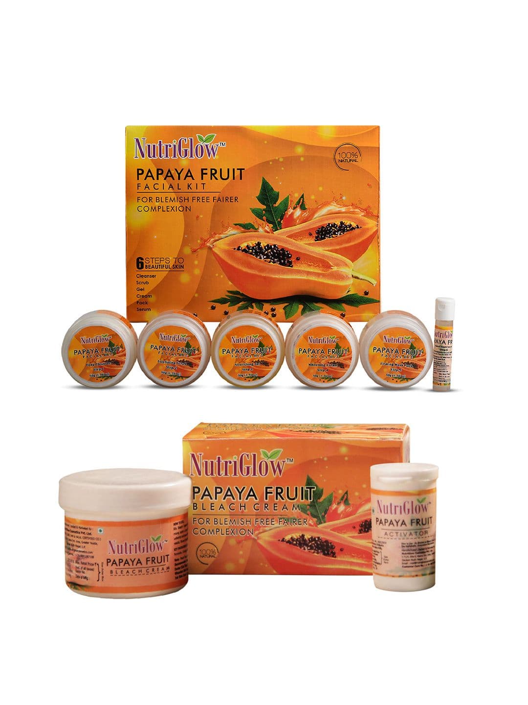 NutriGlow Papaya Fruit Facial Kit -260gm & Bleach Cream- 43gm