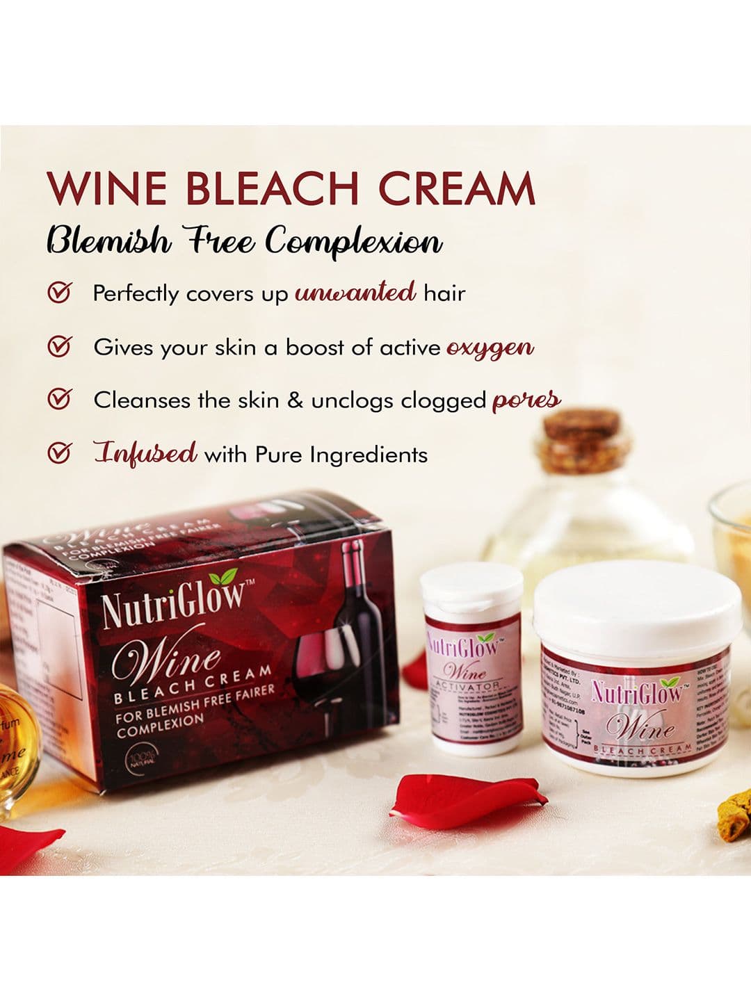 NutriGlow Set of Wine Facial Kit 250 g + 10 ml & Wine Bleach Cream 43 g
