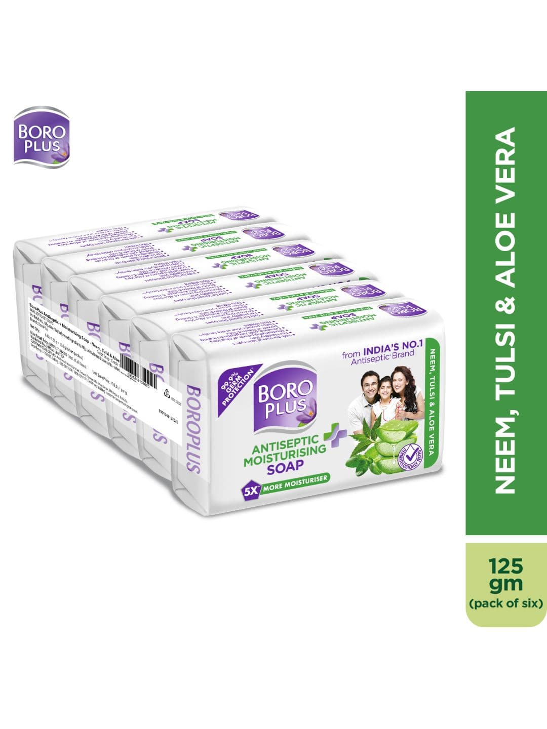 BOROPLUS Set of 6 Antiseptic & Moisturising Soap with Neem Tulsi & Aloe Vera - 125 g Each