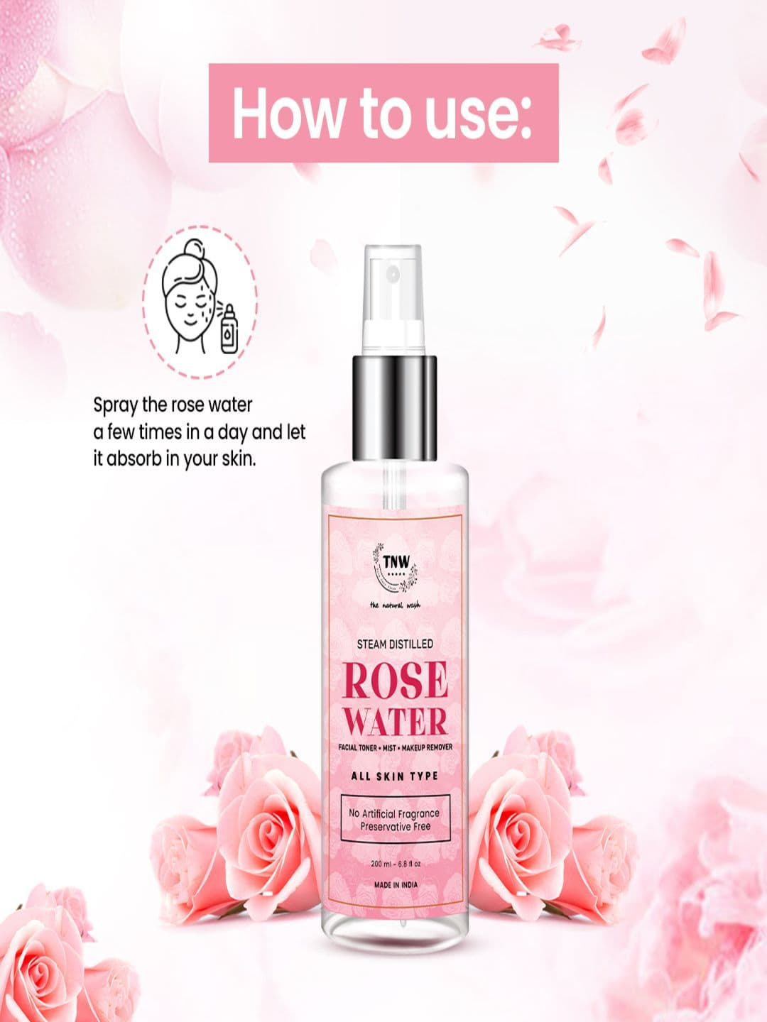 TNW the natural wash Skin Face Toner/Make up Remover - Steam Distilled Rose Water 200 ml