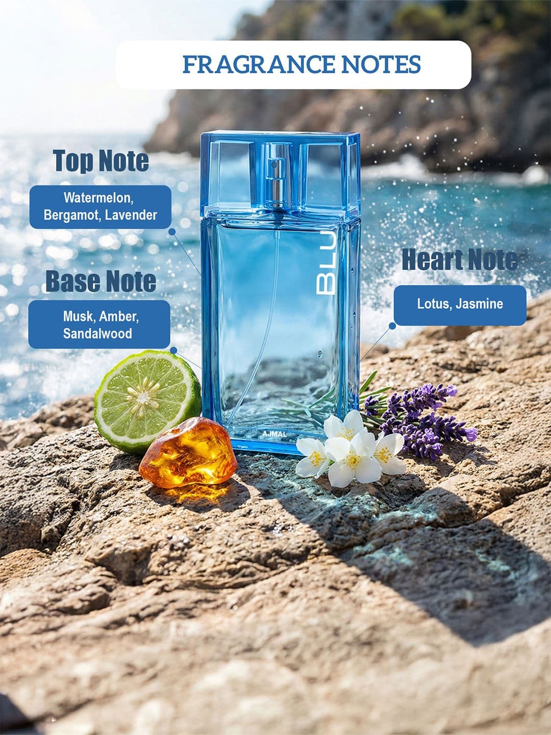 Ajmal Men Blu Aquatic Fresh Long Lasting EDP Perfume - 90ml - Crisp Cool Scent