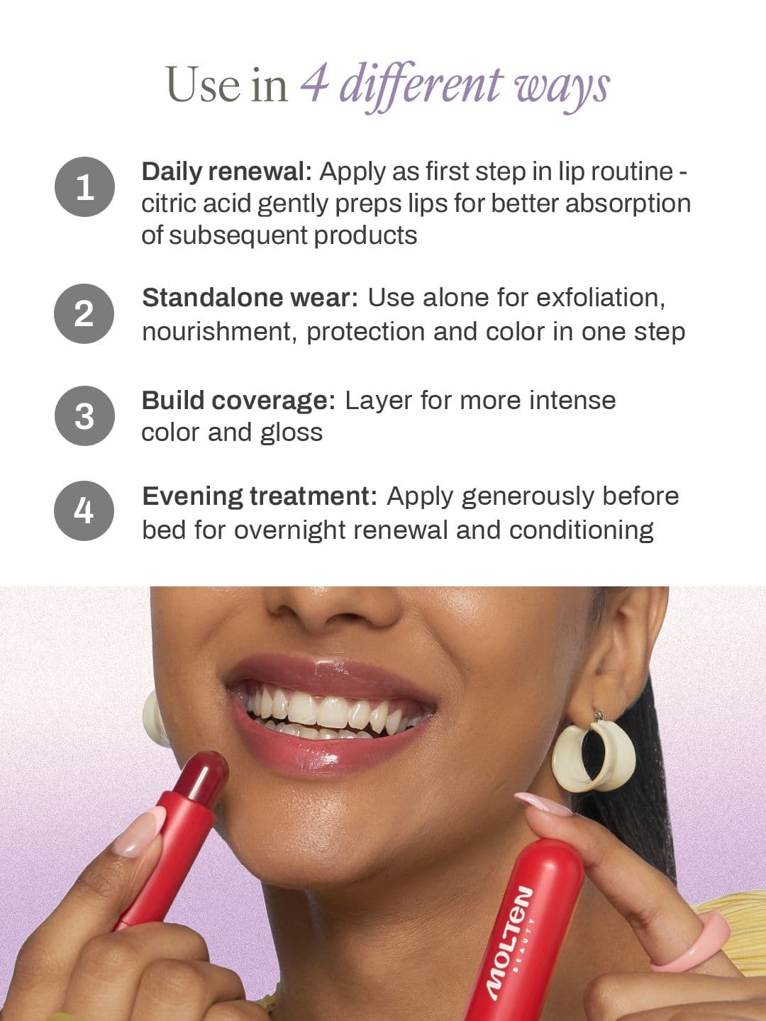 Molten Beauty Buff Glow Lip Balm SPF 50 PA+++ With AHA- 4.2 g- Berry Flicker 02