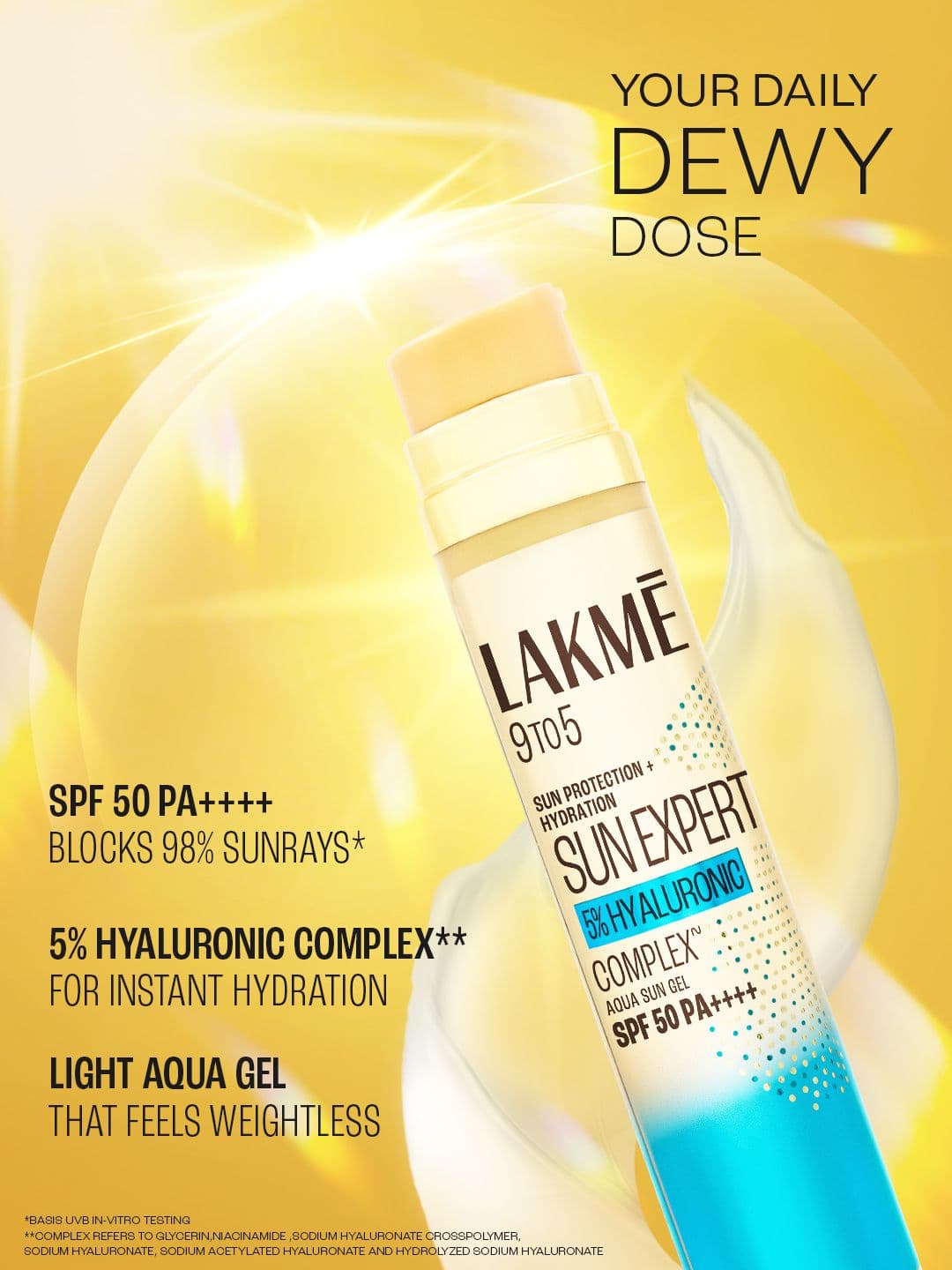 Lakme 5% Hyaluronic Water-Light Sunscreen Gel SPF 50 PA++++ for Oily Skin - 56g